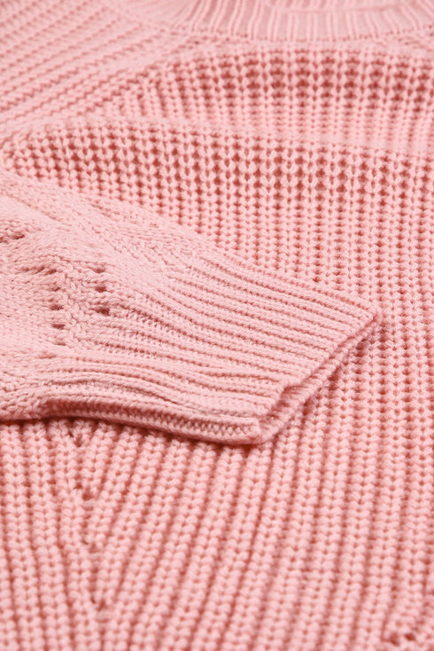 Hollow-Out Puffy Sleeve Drop Shoulder Round Neck Knit Pullover Sweater